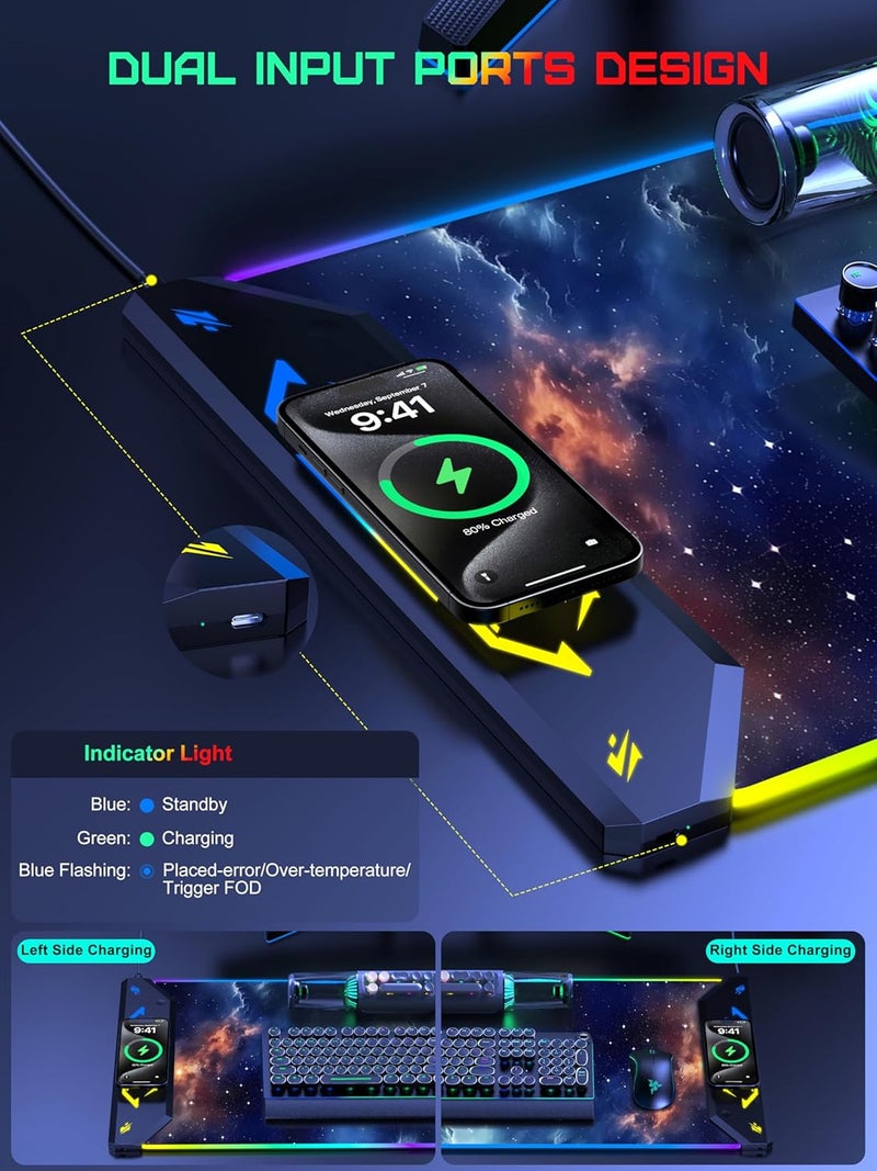 TopMade Wireless Charging Mouse Pad, RGB Gaming Mousepad, 35.4" x 15.8" Extra Large Waterproof Keyboard Desk Pad, Computer Desk Mat, Blue Nebula (Includes 20W PD Power Adapter & 6.56ft Woven Cable) - Image 3